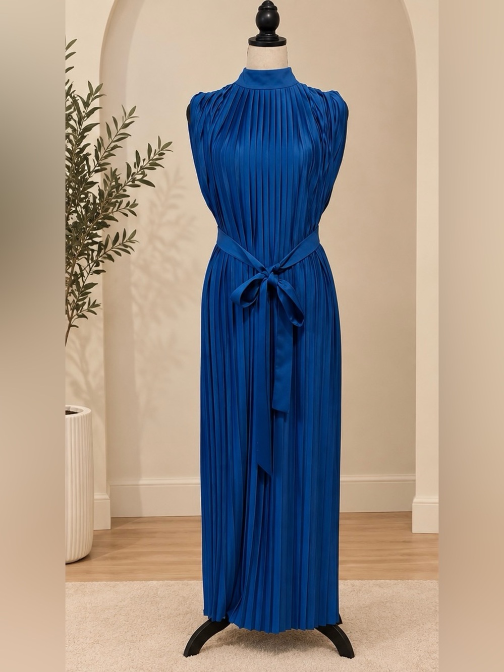 Zara Cobalt Blue Pleated Midi Dress with Waist Tie